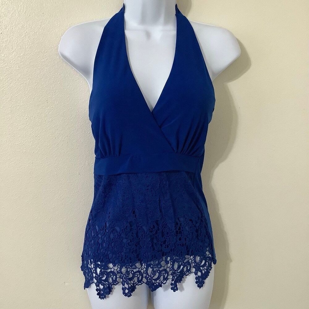 Y2K Blue Halter Top Small Lace Bohemian Boho Beach Vacation Summer 2000s‎